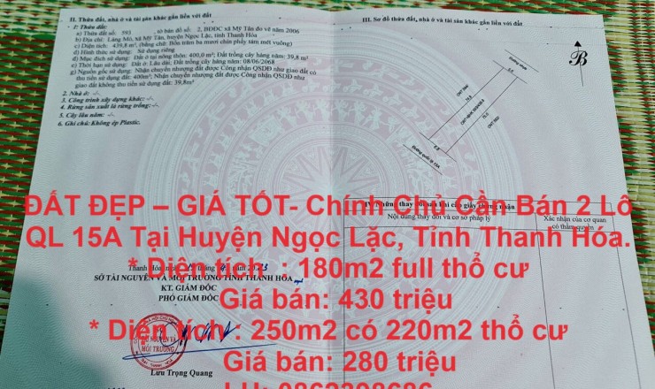 ĐẤT ĐẸP – GIÁ TỐT- Chính Chủ Cần Bán 2 Lô QL 15A Tại Ngọc Lặc, Thanh Hóa.